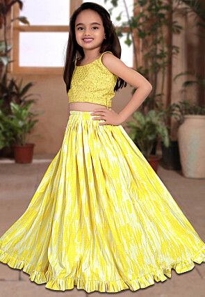 Tie Dye Printed Art Silk Lehenga in Yellow