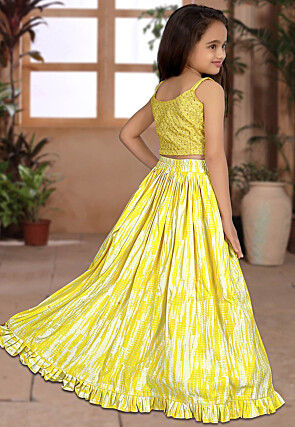 Tie Dye Printed Art Silk Lehenga in Yellow