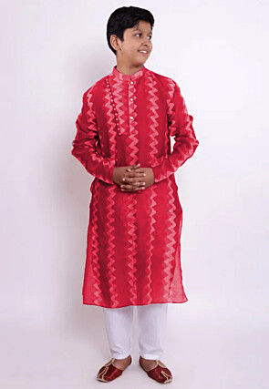 Tie Dye Printed Chanderi Cotton Kurta Set in Red