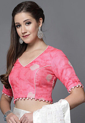 Tie Dye Printed Chanderi Cotton Back Cut Out Blouse in Pink