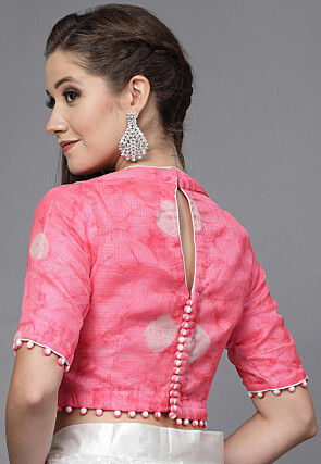 Tie Dye Printed Chanderi Cotton Back Cut Out Blouse in Pink