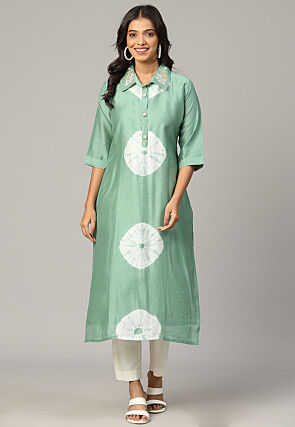 Tie Dye Printed Chanderi Silk Straight Kurta in Light Green