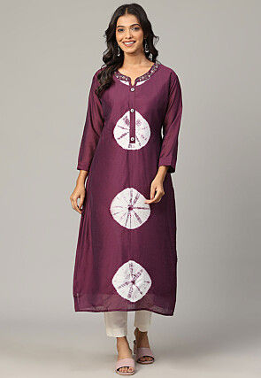 Tie Dye Printed Chanderi Silk Straight Kurta in Magenta