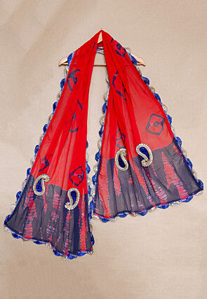 Tie Dye Printed Chiffon Dupatta in Red and Navy Blue