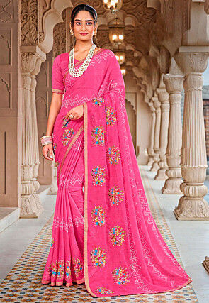 Tie Dye Printed Chiffon Saree in Pink