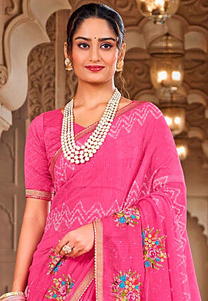 Tie Dye Printed Chiffon Saree in Pink