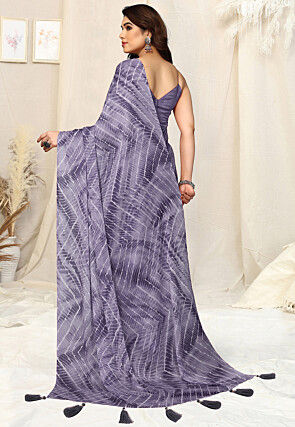 Tie Dye Printed Chiffon Saree in Purple