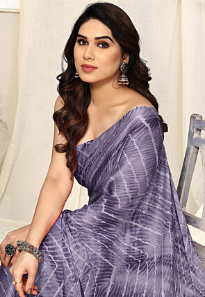 Tie Dye Printed Chiffon Saree in Purple