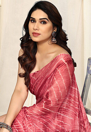 Tie Dye Printed Chiffon Saree in Red