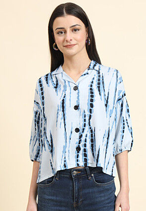 Tie Dye Printed Cotton Crushed Top in Light Blue