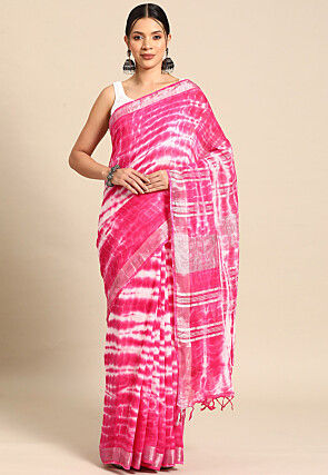 Tie Dye Printed Cotton Linen Saree in Pink