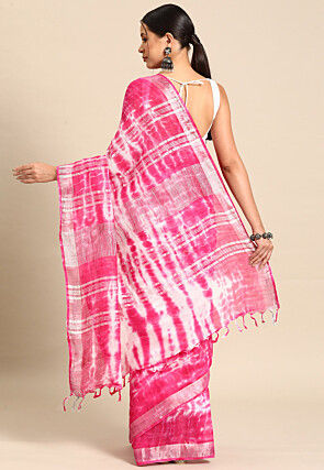 Tie Dye Printed Cotton Linen Saree in Pink