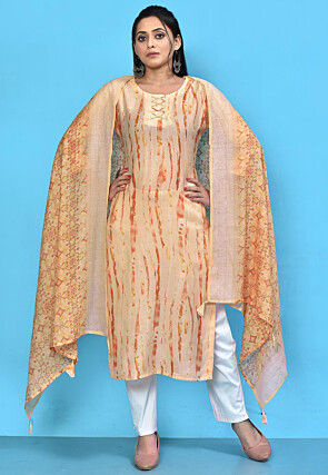 Tie Dye Printed Cotton Muslin Pakistani Suit in Peach