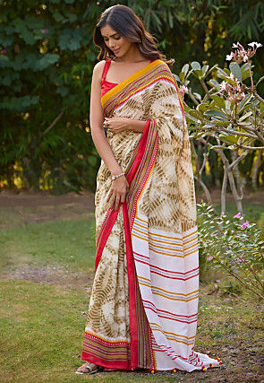 Tie Dye Printed Cotton Saree in Beige