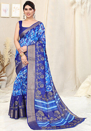 Tie Dye Printed Cotton Saree in Blue