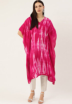Tie Dye Printed Crepe Kaftan in Fuchsia