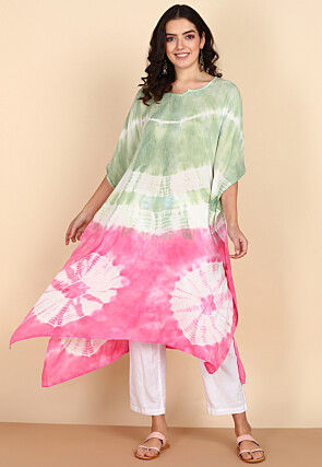Tie Dye Printed Crepe Kaftan in Light Green and Pink