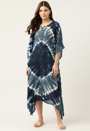 Tie Dye Printed Crushed Rayon Kaftan in Dark Blue and Grey