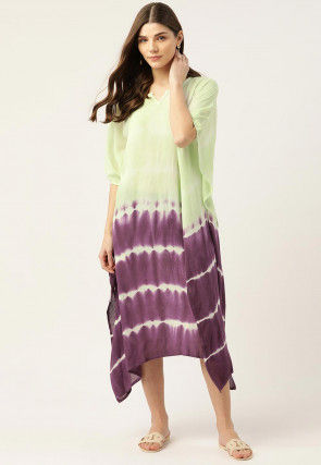 Tie Dye Printed Crushed Rayon Kaftan in Light Green and Violet