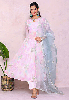 Tie Dye Printed Georgette A Line Suit in Multicolor