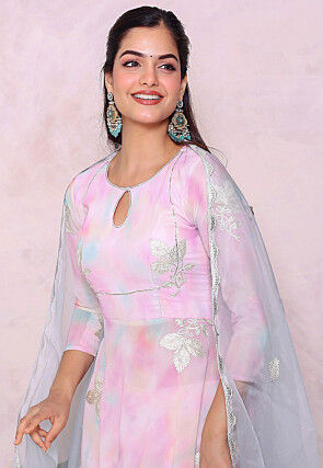 Tie Dye Printed Georgette A Line Suit in Multicolor