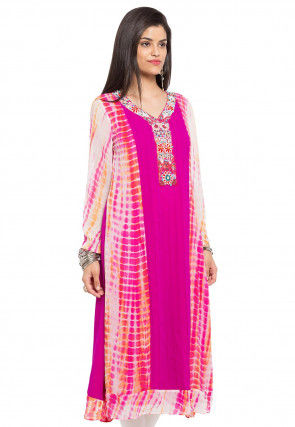 Tie Dye Printed Georgette Anarkali Kurta in Fuchsia