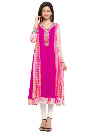 Tie Dye Printed Georgette Anarkali Kurta in Fuchsia