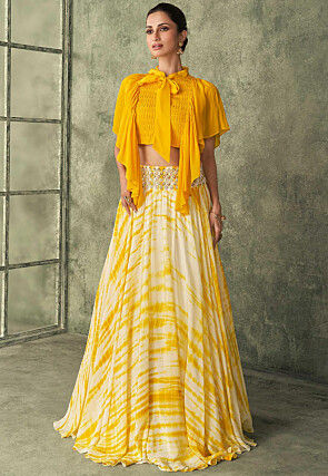 Tie Dye Printed Georgette Crop Top Skirt Set in Mustard