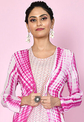 Tie Dye Printed Georgette Long Open Shrug in Pink
