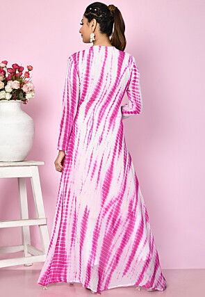 Tie Dye Printed Georgette Long Open Shrug in Pink