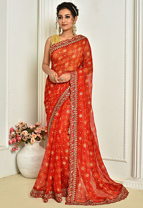 Tie Dye Printed Georgette Saree in Red