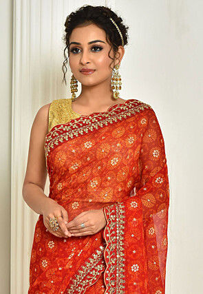 Tie Dye Printed Georgette Saree in Red