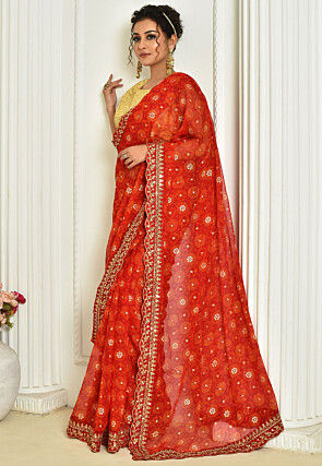 Tie Dye Printed Georgette Saree in Red
