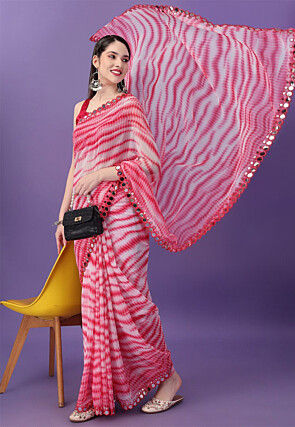 Tie Dye Printed Georgette Saree in Red
