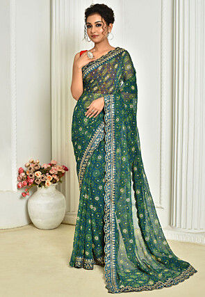 Tie Dye Printed Georgette Saree in Teal Blue