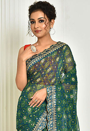 Tie Dye Printed Georgette Saree in Teal Blue