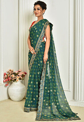 Tie Dye Printed Georgette Saree in Teal Blue