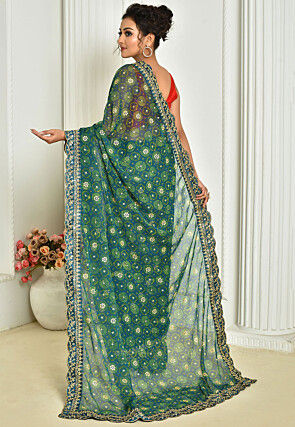 Tie Dye Printed Georgette Saree in Teal Blue