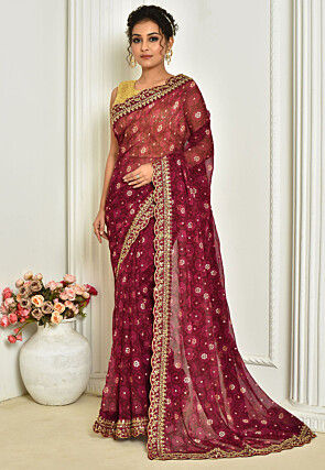 Tie Dye Printed Georgette Saree in Wine