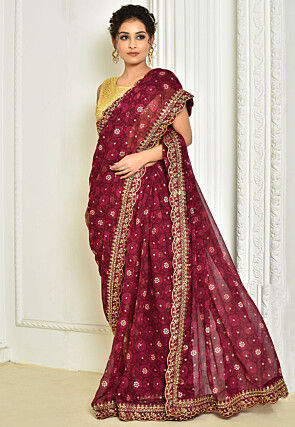 Tie Dye Printed Georgette Saree in Wine