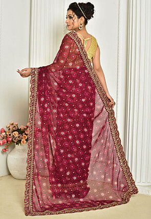 Tie Dye Printed Georgette Saree in Wine