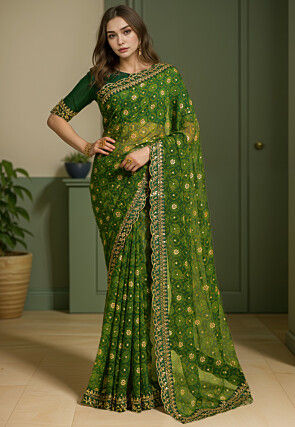 Tie Dye Printed Georgette Scalloped Saree in Green