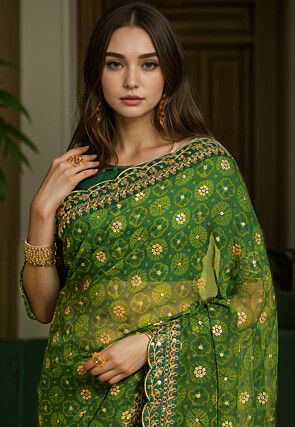 Tie Dye Printed Georgette Scalloped Saree in Green