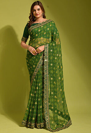 Tie Dye Printed Georgette Scalloped Saree in Green