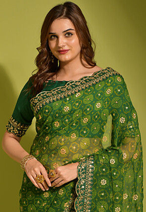 Tie Dye Printed Georgette Scalloped Saree in Green