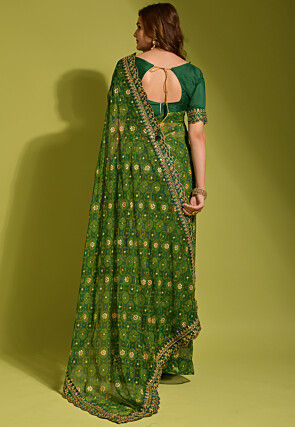 Tie Dye Printed Georgette Scalloped Saree in Green