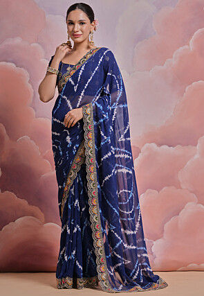 Tie Dye Printed Georgette Scalloped Saree in Navy Blue