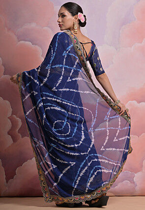 Tie Dye Printed Georgette Scalloped Saree in Navy Blue