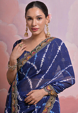 Tie Dye Printed Georgette Scalloped Saree in Navy Blue