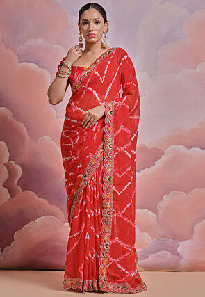 Tie Dye Printed Georgette Scalloped Saree in Red